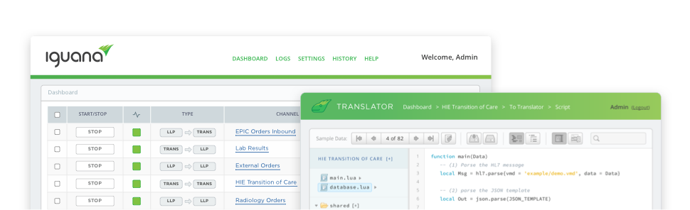 Product Screenshots: The Iguana Translator for customizing interfaces, and the Iguana Dashboard for monitoring integrations